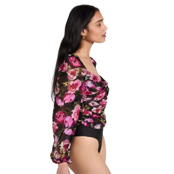 Cami NYC Kimmy Long Sleeve Pink Black Floral Bodysuit Blouse Silk 2 Chiffon - Picture 4 of 12